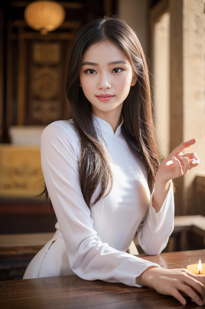 A girl in Vietnam wearing an Ao Dai,illustrated with intricate details,high-res,having a serene atmosphere,saturating the scene with vibrant colors,embracing traditional Vietnamese culture and spiritual practices,with delicate folds and embroideries on the Ao Dai gown,adorned with lotus flowers, creating a harmonious blend of elegance and tranquility, the girl's face radiating inner peace and serenity, her eyes sparkling with wisdom, her lips gently curved into a serene smile, beautifully depicting the grace and charm of Vietnamese women, her slender fingers delicately holding a candle, casting a soft glow amidst the peaceful ambience of the temple, the flickering light illuminating the ornate architectural details of the temple, highlighting the stunning traditional artwork showcased on the walls, ceiling, and pillars, the play of light and shadow adding depth and dimension to the scene, capturing the spiritual essence of the moment, showcasing the rich cultural heritage of Vietnam, a masterpiece that embodies the beauty and tranquility of the country.