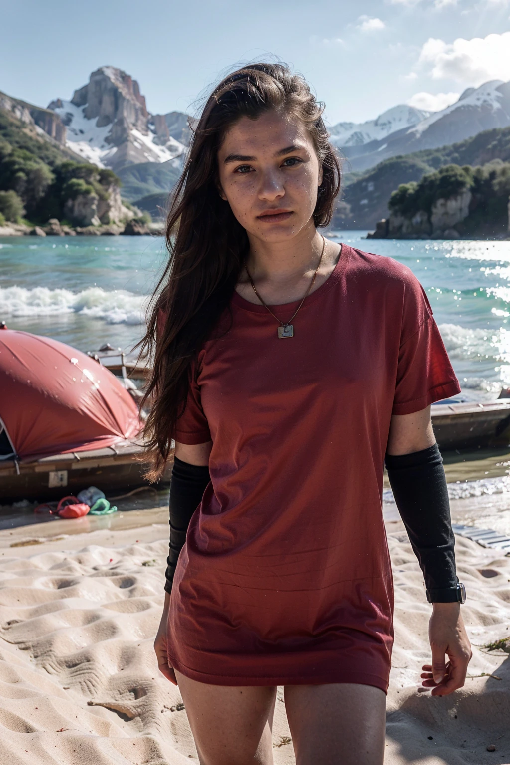 (masterpiece,best quality,photorealistic, DSLR,F/1.2) (guy 22 years old on the beach ) (full-length body) (perfect angle)(perfect face) (mountains in the background ) (man has brown hair, oval face stretched upwards, hairstyle - undercut, hair length - 8 cm) (color Porta 160, iPhone 15 pro photo) (unprocessed photo) (man is wearing maroon T-shirt, ,bronze chain around his neck, expensive watch on his arm.) (natural light)