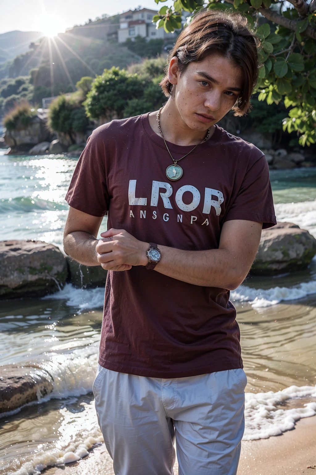 (masterpiece,best quality,photorealistic, DSLR,F/1.2) (guy 22 years old on the beach ) (full-length body) (perfect angle)(perfect face) (mountains in the background ) (man has brown hair, oval face stretched upwards, hairstyle - undercut, hair length - 8 cm) (color Porta 160, iPhone 15 pro photo) (unprocessed photo) (man is wearing maroon T-shirt, ,bronze chain around his neck, expensive watch on his arm.) (natural light)