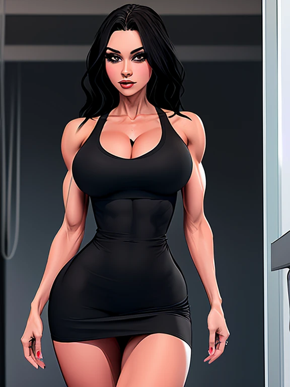 digital drawing of a woman with black hair,  eyes, Italian woman, fitness body, elegant dress with low neckline, tight-fitting dress showing the curves of the body, 4k, Comic Babes