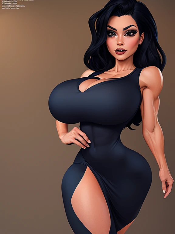 digital drawing of a woman with black hair, big black eyes, Italian woman, fitness body, elegant dress with low neckline, tight-fitting dress showing the curves of the body, 4k, Comic Babes