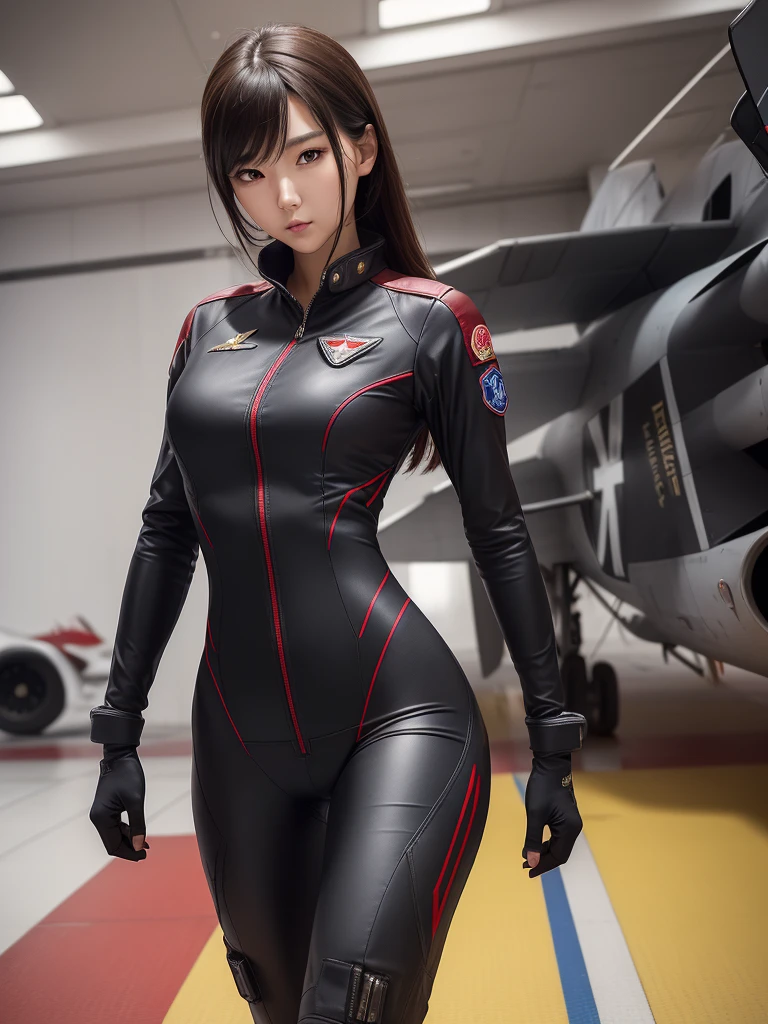 masuter piece, best qualtiy, (((realisitic, Photorealsitic:1.37))), ((独奏)), 8K image quality, Extremely delicate and beautiful, splendid, Official art with attention to detail, Ridiculous, Unbelievably ridiculous, huge filesize, ultra-detailliert, ighly detailed, (Pretty girl), (detailed girl), extremely detailed eye and face, Beautiful detailed eyes, Light makeup,, (Slender and perfect female figure), (Korean Beauties), ((fullllbody)), ((Put the head in the frame)), A dark-haired, ((Female Fighter Pilot)), (((Full body fighter pilot suit,Crimson))), (Military Airports, Sunnyday),