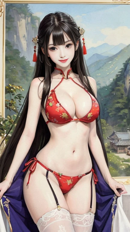 (masterpiece, highest quality: 1.2), (Traditional Chinese Landscape Painting、watercolor), (The steep mountains of Huangshan in China々々々々々々々He painted a landscape、watercolor)One Girl,(Large Breasts、big 、big 房、big Tits) Exquisitely embroidered Chinese costume ,Decorative micro bikini ,(Cleavage exposure、Expose your arms、Navel exposure、Exposed thighs)Garter Stockings、 (smile), Looking at the audience,
