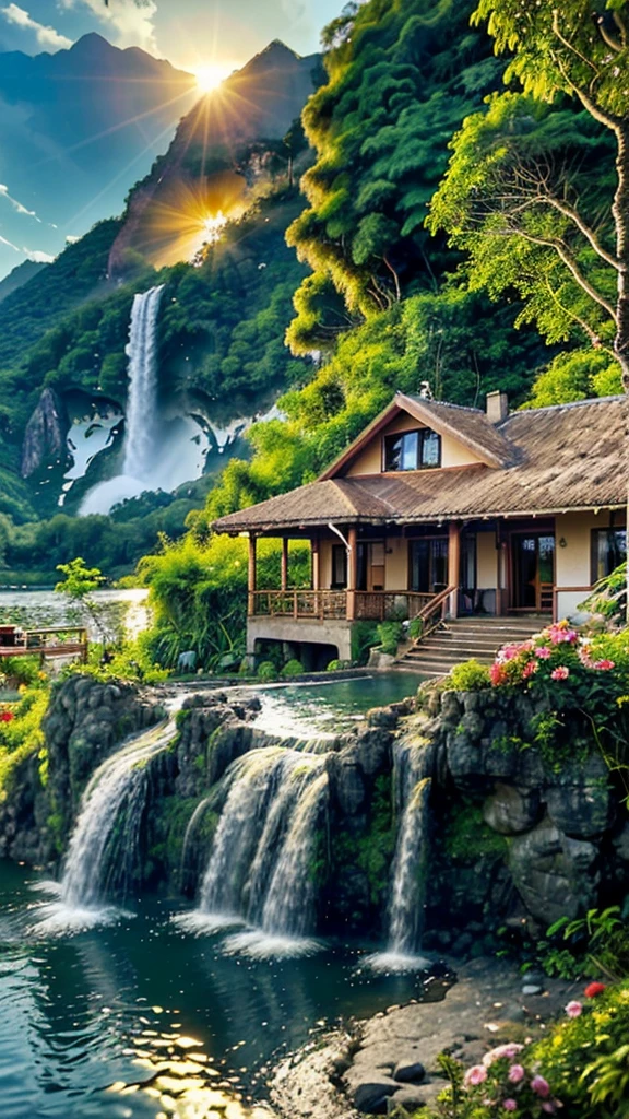 House in the jungle in front of the lake and waterfall nearby mountain with sun set and flowers