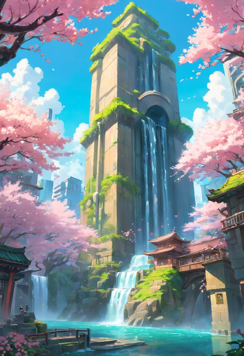 a building with a waterfall in the middle of it, cyberpunk art, fantasy art, cherry blossom forest, gigantic pillars and flowers, beautiful iphone wallpaper, high res 8k