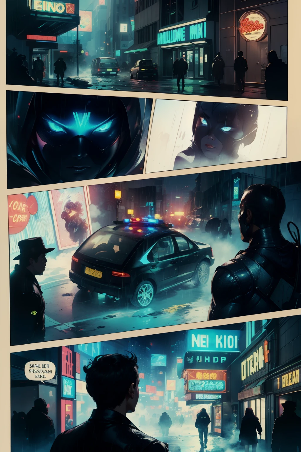 ((highest quality)), ((masterpiece)), (be familiar with), (High definition), (Accurate), (Realistic), (Cinematic), (Best Shadow), (Low contrast), (8K), Perfect Face, ((SYD MEAD style)), manga、mangaデザイン、Storyboard、Frame division、(Crouching), ((A woman crouching and hiding in the shadows))、(Replicant), (Replicant), ((Black Hair, very short hair, Blue Eyes)), (Police black hooded raincoat), (Glittering neon signs)、congestion, congestion, Decadent Future City, NEO TOKYO, A.D.2051, (steam:1.2), It's raining white, evening, 