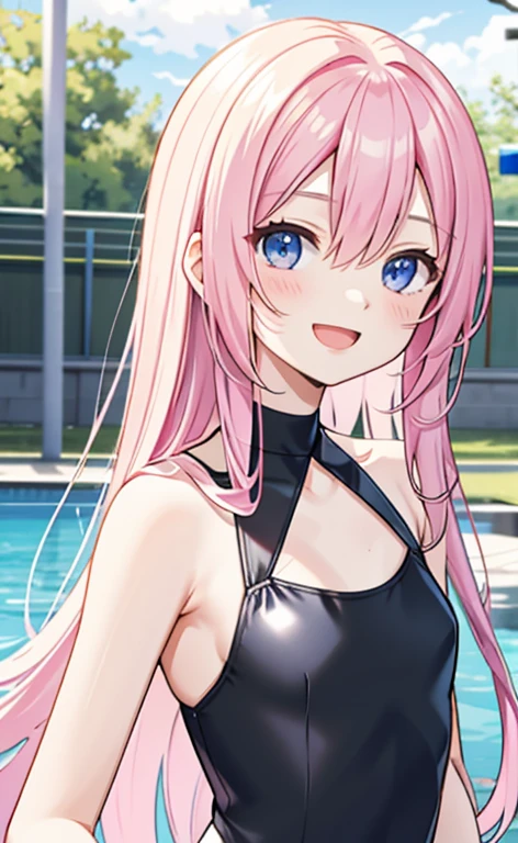 (masterpiece:1.4、top-quality、illustration:1.4,realistic、)、(character focus、breast focus,upper body:1.3)、(1girl),(Open mouth happy smile:1.3),(half closed eyes),cute face,blue eyes、()、
,(stand:1.4),(Shining smile),
,(slender),(black high neck halter swimsuit:1.3),(pink long hair:1.6,forehead:1.3), (small breasts:1.3)、
、slender、pool,、