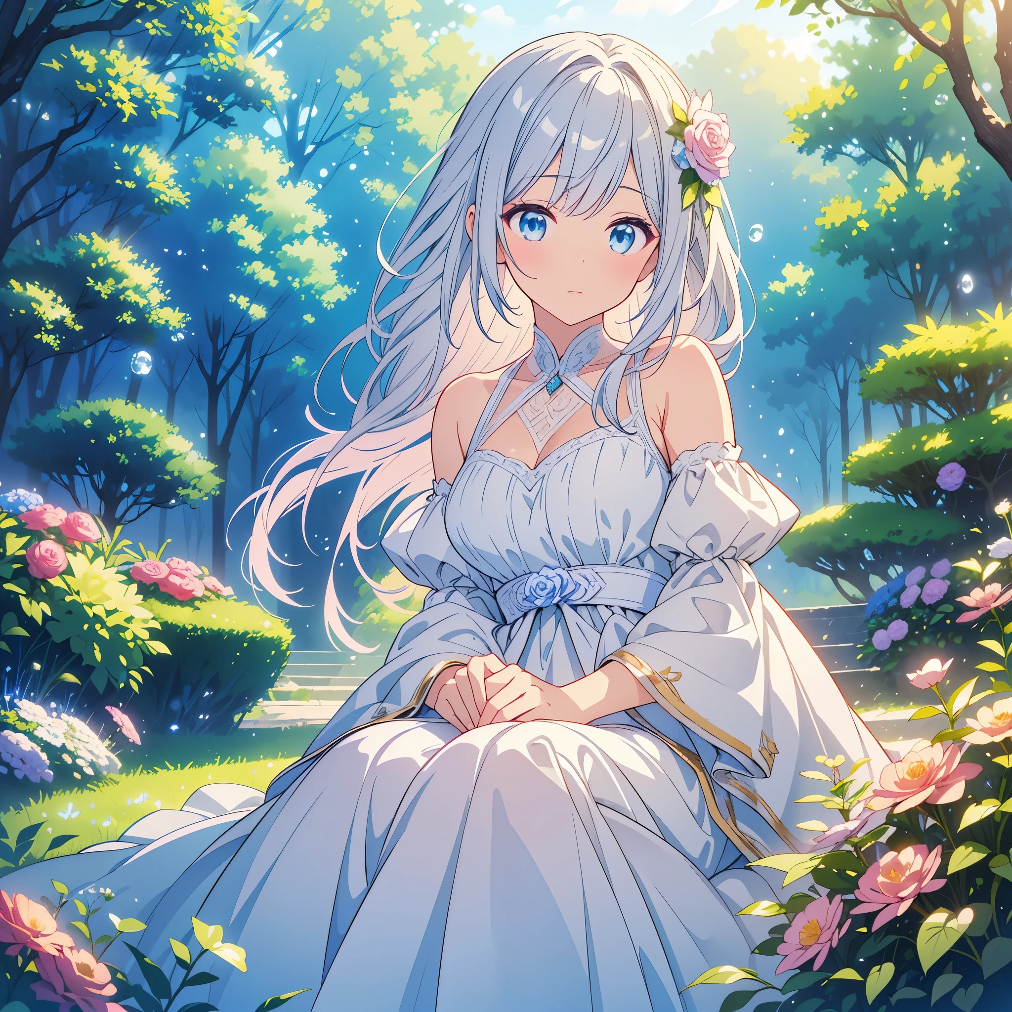 (high quality, 8k), (Soft Light), Iridescent, One Girl, Detailed face, Beautiful Eyes, watercolor paiting, So magical and dreamy, Dreamy details, Dreamy atmosphereとドラマ, Gorgeous atmosphere, Fantastic and beautiful lighting, Dreamy atmosphere, Beautiful atmosphere, Dreamy Romantic, Fantastic and dreamy theme, Magical atmosphere, Beautiful atmosphere, Anime Background Art, Magical atmosphere + Tabletop, Dreamy aesthetics, Beautiful details with atmosphere, Lots of flowers, bubble, water, garden, Sit on the ground, Shining Eyes