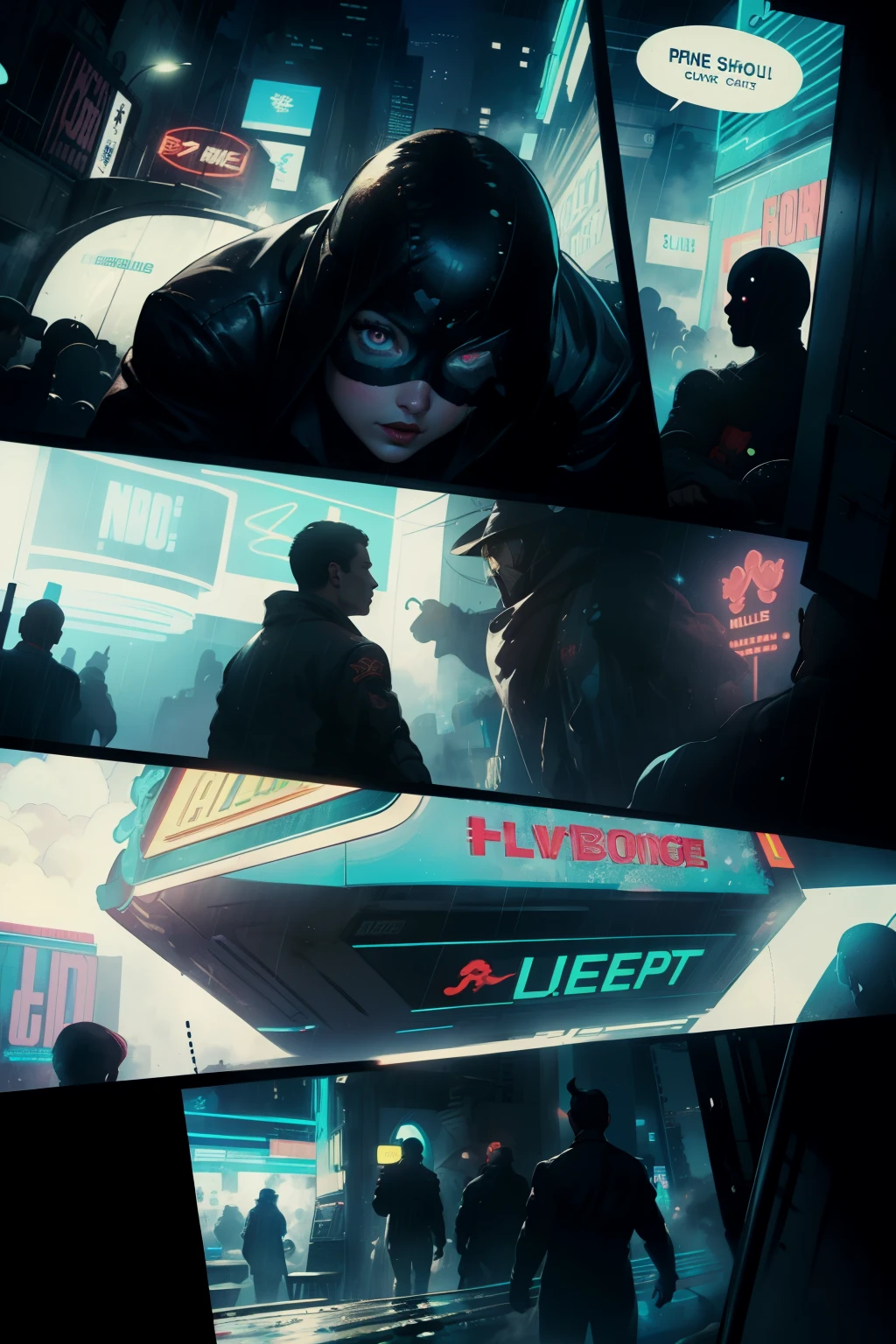((highest quality)), ((masterpiece)), (be familiar with), (High definition), (Accurate), (Realistic), (Cinematic), (Best Shadow), (Low contrast), (8K), Perfect Face, ((SYD MEAD style)), manga、mangaデザイン、Storyboard、Frame division、(Crouching), ((A woman crouching and hiding in the shadows))、(Replicant), (Replicant), ((Black Hair, very short hair, Blue Eyes)), (Police black hooded raincoat), (Glittering neon signs)、congestion, congestion, Decadent Future City, NEO TOKYO, A.D.2051, (steam:1.2), It's raining white, evening,