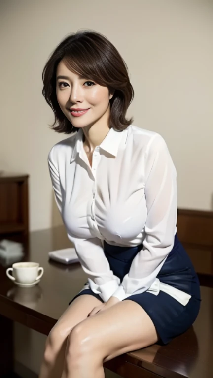 (highest quality,8k,masterpiece),
日本人Mature Woman,40 years,Mature Woman,Pure white skin,
Drawn big breasts, White collared blouse、Navy blue tight skirt、Medium Hair、
Sit with your legs apart,A kind smile、A captivating gaze、In-house offices、