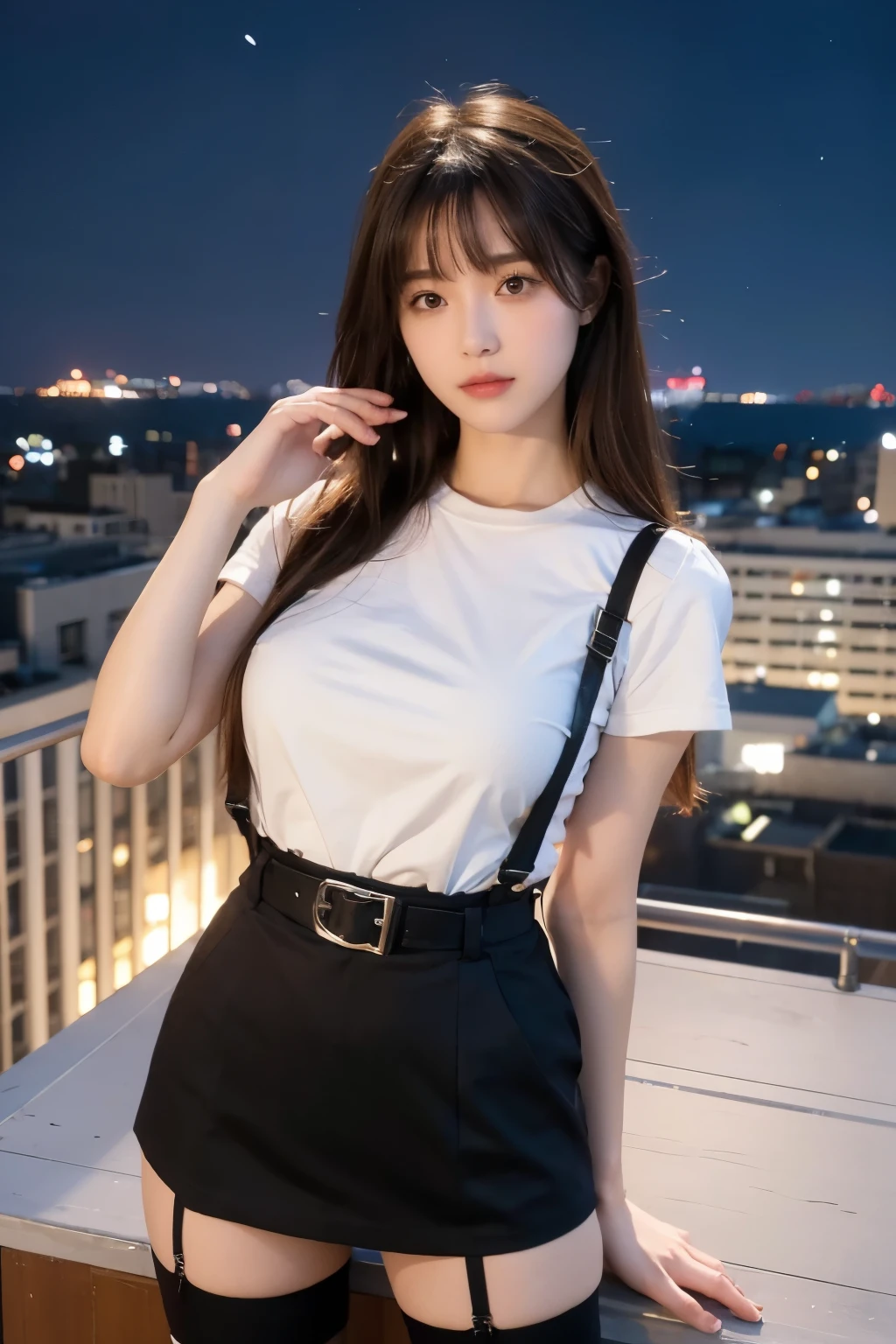 ((Midnight, highest quality, 8k, masterpiece :1.3)), whole body, Long legs, Sharp focus :1.2, Beautiful woman with perfect figure :1.4, Slim Abs :1.1, ((Dark brown hair, Big Breasts :1.2)), (White tight T-shirt, Jean Bib, Are standing:1.2), ((Night city view, rooftop:1.3)), Very detailedな顔と肌の質感, Fine grain, Double eyelids one girl,highest quality,masterpiece,figure,Very delicate and beautiful,CG,Unity,8k wallpaper,wonderful,In detail,masterpiece,Official Art,Very detailed CG Unity 8k wallpaper,Incredibly absurd,Large file size,Very detailedな,High resolution,Very detailed,Beautiful detailed girl,Realistic,from the front,Outdoor,　suspenders　　　Large swollen breasts　　 　 　　　　Black mini skirt　garter belt　Knee-high socks　　　　　　　bangs 　　　　　Beauty　　Hands up　　 　　Black boots 　　　　one person 　　　Dress shirt　　　Hands Behind Back　put your hands behind your back　　With your hands behind your back　Armament　holster　　A room at the Belt Hotel　Bed　Wall side　