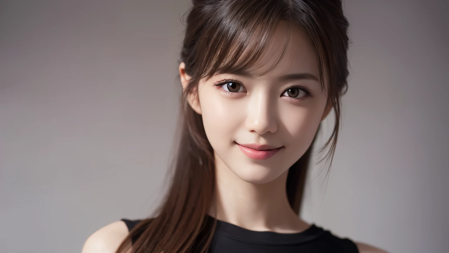 One Girl, (Dress in trendy fashion:1.2), (RAW Photos, highest quality), (Realistic, Photorealistic:1.4), Tabletop, Very delicate and beautiful, Very detailed, 2k wallpaper, wonderful, In detail, Very detailedな CG Unity 8K 壁紙, Very detailedな, High resolution, Soft Light, Beautiful detailed girl, looking at the camera、Very detailedな目と顔, Beautifully detailed nose, Beautiful fine details, Long Hair, small, Black T-shirt、White background、Background is white、Cinema Lighting, Perfect ???????, Slender body, smile, 