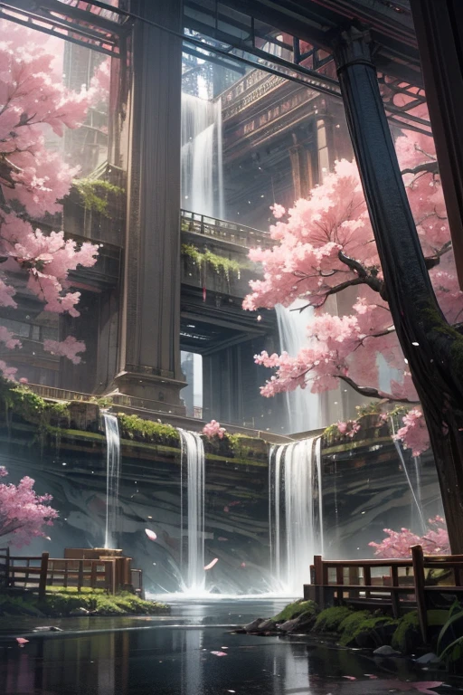 a building with a waterfall in the middle of it, cyberpunk art, fantasy art, cherry blossom forest, gigantic pillars and flowers, beautiful iphone wallpaper, high res 8k