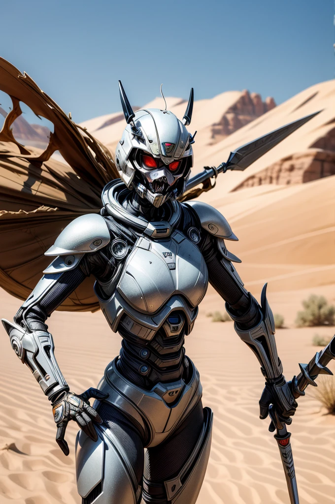 a human with an insect exoskeleton posing with a spear in a desert