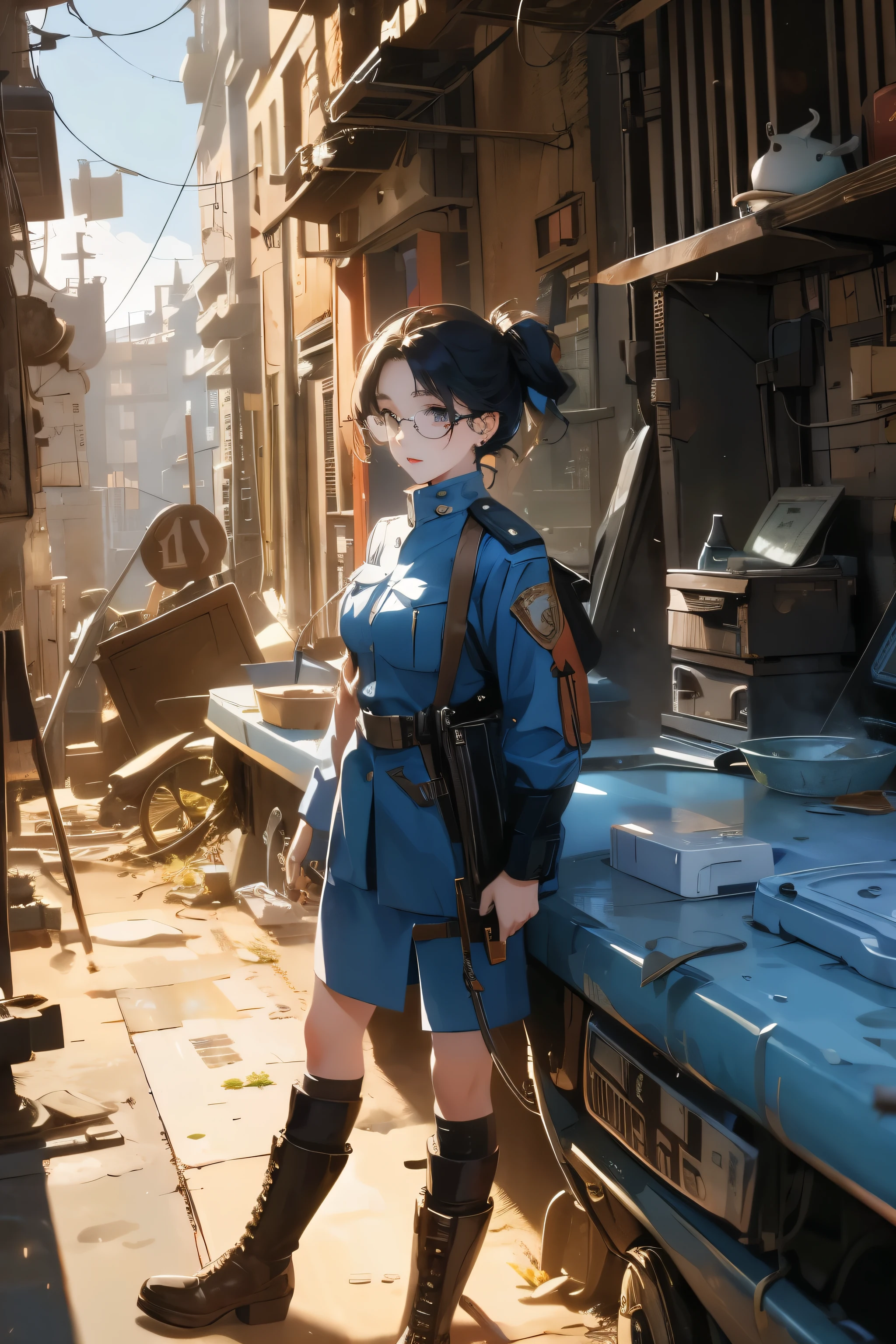 Wide angle, a pretty girl messenger, wearing large glasses, undercut hair, wearing postal uniform, in a post-apocalyptic world