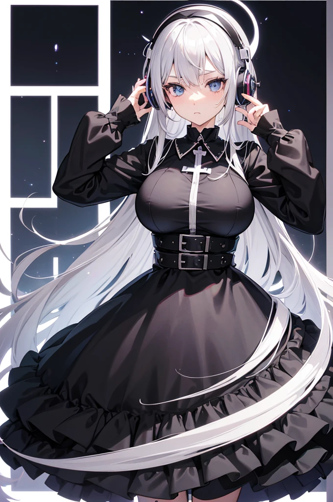 "Anime Girl, 1 person, Silver hair mixed with black, blue eyes, put on headphones, woman shirt, woman ,Tights, Stand cross-legged, gothic ta、whole body ,Solitary, (Full HD 4K+ image)",(Huge breasts:1.8)