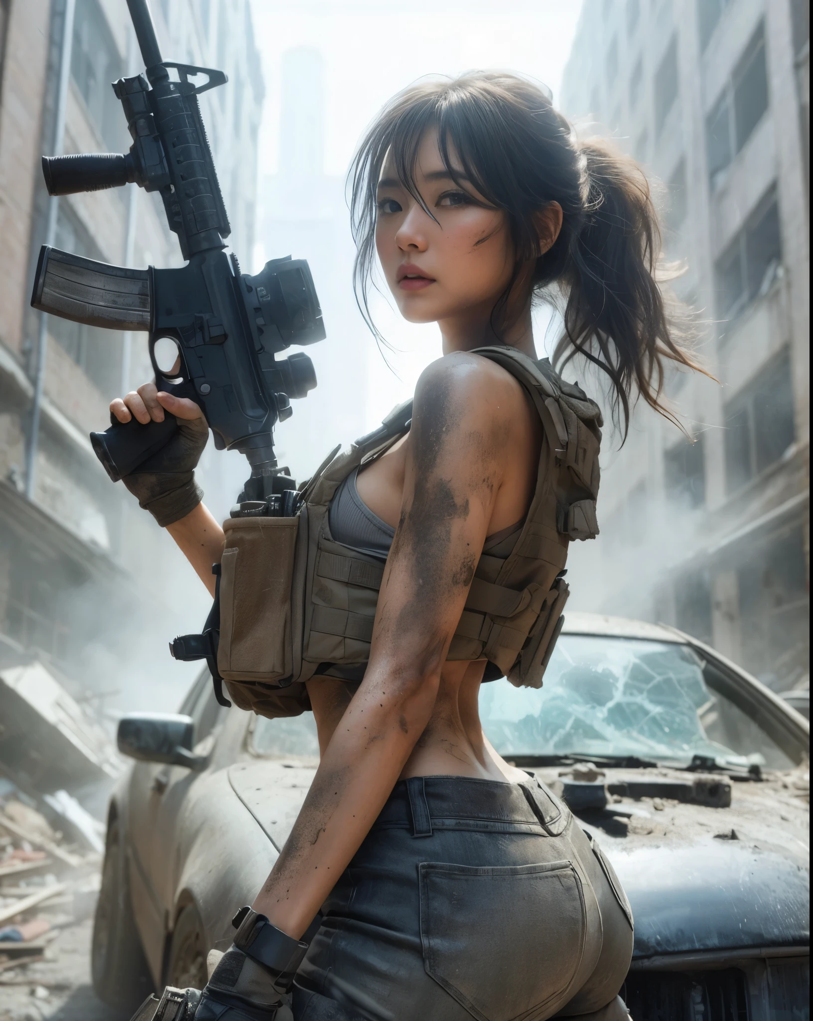 (best quality,Practical,photoPractical:1.37),detailed portrait,Japanese women living in the United States,Wearing an oversized T-shirt with stains and tears,Baseball cap,Dirty Vans high-top sneakers,Holding a Wesson M442 compact revolver in his hand,One hand holding a skateboard,My clothes got wet on a rainy day,chaotic city scene,Tattoo,cool poses and composition,Delicate skin texture
【Notice】The prompts generated for each execution may be different..,But all meet the requirements,Please adjust as needed。