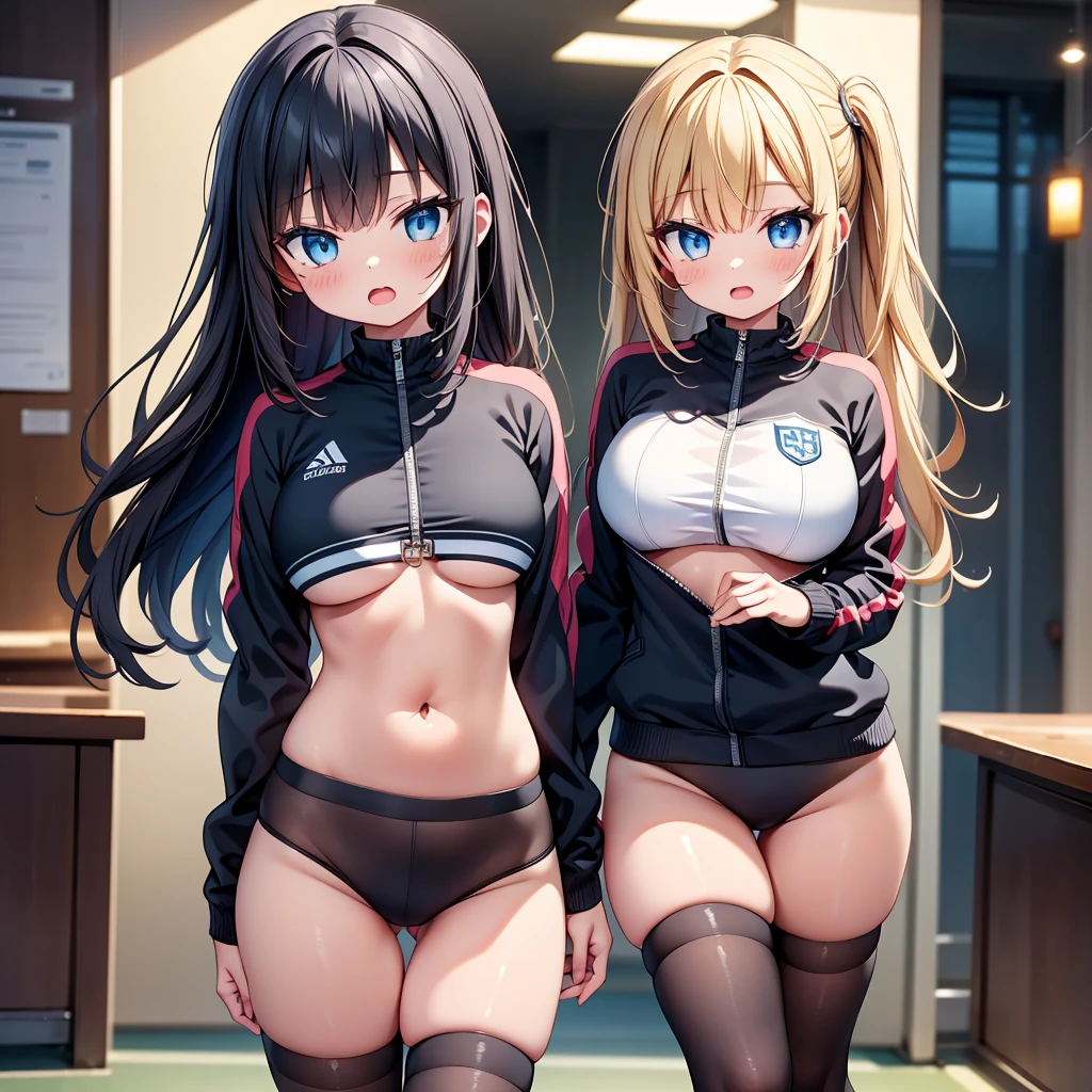 (cute eyes:1.2), (sparkling eyes:1.2), highest quality,wonderful,finely,extremely detailed CG Unity 8K wallpaper, (Stand in line:1.2), (3 girls, cute eyes, track suit, clothed), (midium breasts), (Underboob:1.2), (open mouth:1.1), (long tongue:1.1), (mouth drool:1.1), (black stockings:1.1),(Thighs:1.1),(Waistline:1.1)