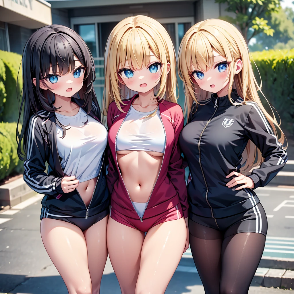 (cute eyes:1.2), (sparkling eyes:1.2), highest quality,wonderful,finely,extremely detailed CG Unity 8K wallpaper, (Stand in line:1.2), (3 girls, cute eyes, track suit, clothed), (midium breasts), (Underboob:1.2), (open mouth:1.1), (long tongue:1.1), (mouth drool:1.1), (black stockings:1.1),(Thighs:1.1),(Waistline:1.1)