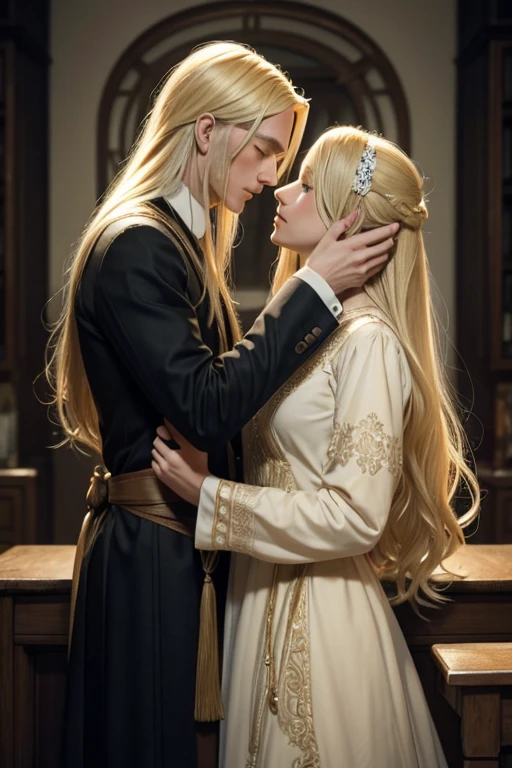 Blonde man with waist-length hair and blonde woman with long hair who are a couple from 1920 in where the passion they feel goes