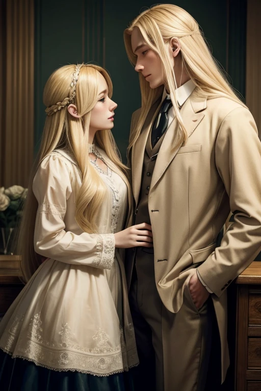 Blonde man with waist-length hair and blonde woman with long hair who are a couple from 1920 in where the passion they feel goes