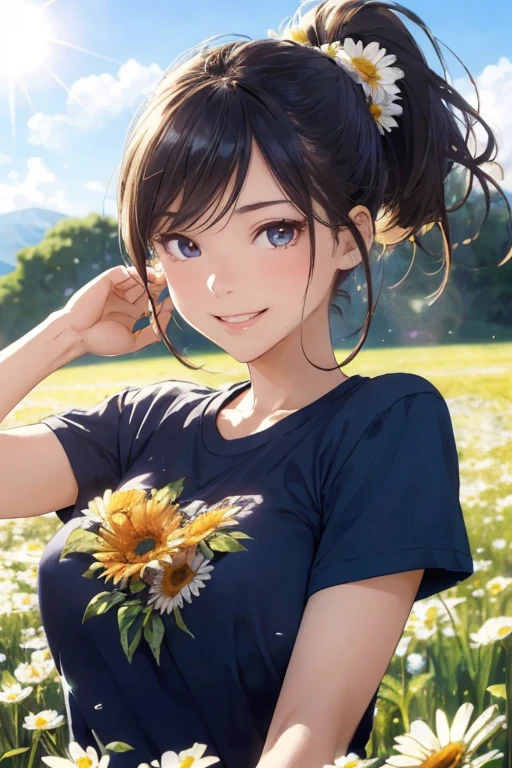 ((highest quality)), ((masterpiece)), (detailed), Perfect face girl, T-Shirts, Upper Body, Nice smile、(LOL:1.1), (Open your mouth:1.1)、Large Breasts、ponytail、field、Flowers Bloom、(Eyes Wide Open:1.2), Sun glare, Bokeh, Depth of written boundary, Blurred Background, Particles of light, Strong winds, (Heart Particles:1.1)