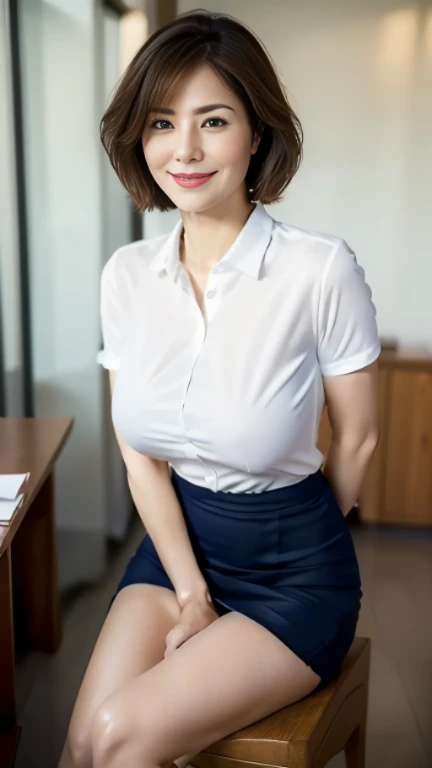 (highest quality,8k,masterpiece),
日本人Mature Woman,40 years,Mature Woman,Pure white skin,
Drawn big breasts, White collared blouse、Navy blue tight skirt、Medium Hair、
Sit with your legs apart,A kind smile、A captivating gaze、Office at work、