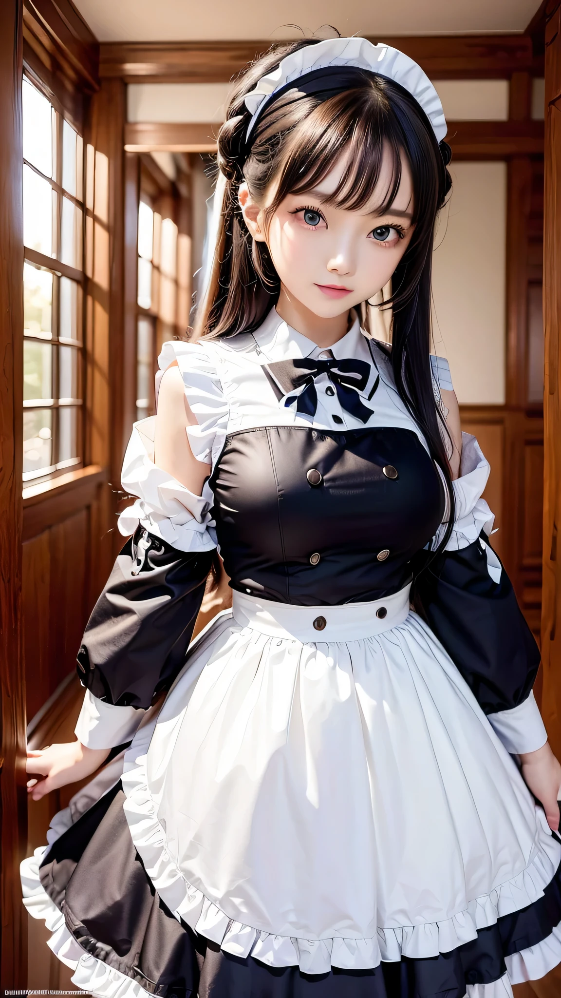Masterpiece, highest quality, High resolution, One girl, Hayasaka ai, alone, Blonde, Maid, blue eyes, Side Ponytail, Hair Scrunchie, hair ornaments, Blue Scrunchie, Maid headdress, apron, Hair between the eyes, chest, Long sleeve, bangs, White shirt, Black Dress, Side Lock, Maid apron, Black Pantyhose,  Cowboy Shot,  