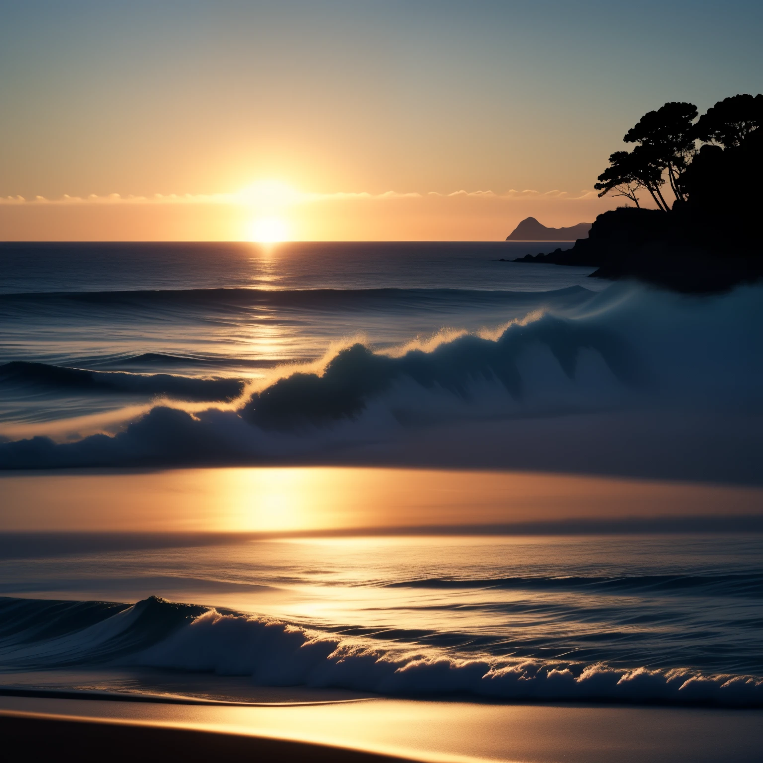 Blue Coast: A breathtaking seascape painting with the highest details and masterpiece quality. The coastline is adorned with vibrant azure waters that gently lap against the shoreline, creating a serene and tranquil atmosphere. The sun begins to set, casting a warm, golden glow over the scene, illuminating the waves and the intricately textured sand. In the distance, you can see the silhouettes of sailboats gliding effortlessly through the water, their sails catching the soft light of the setting sun. The background is filled with the depth of fields, showcasing the lush vegetation and the rolling hills that rise up from the coast.