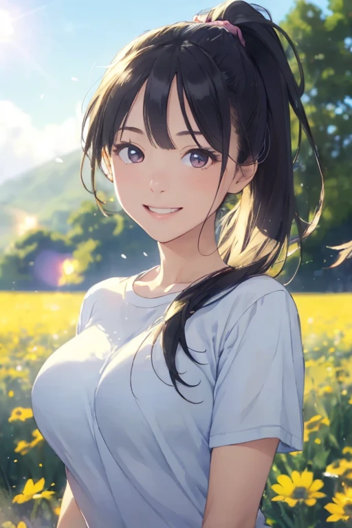 ((highest quality)), ((masterpiece)), (detailed), Perfect face girl, T-Shirts, Upper Body, Nice smile、(LOL:1.1), (Open your mouth:1.1)、Large Breasts、ponytail、field、Flowers Bloom、(Eyes Wide Open:1.2), Sun glare, Bokeh, Depth of written boundary, Blurred Background, Particles of light, Strong winds, (Heart Particles:1.1)