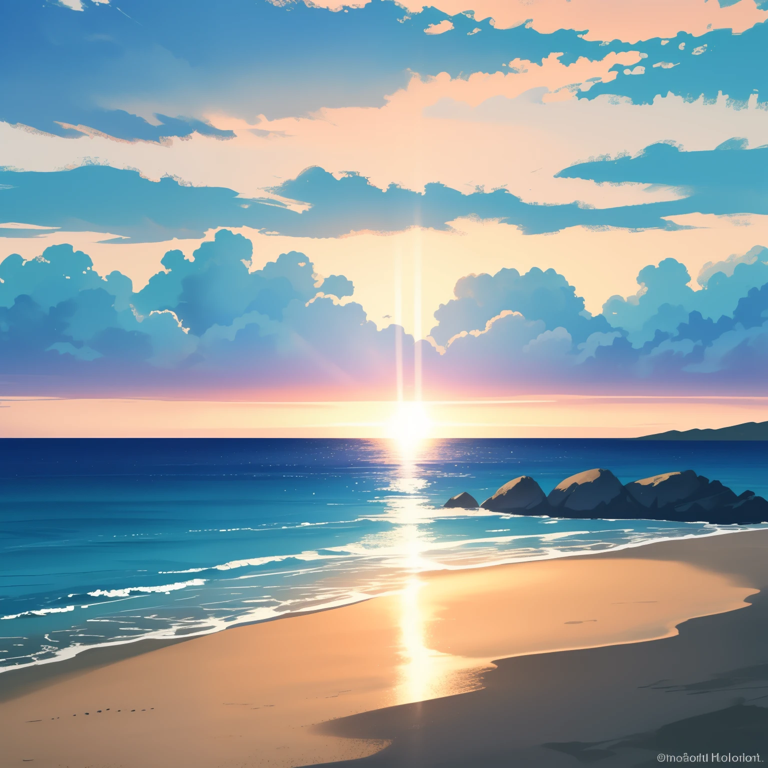 Blue Coast: A breathtaking seascape painting with the highest details and masterpiece quality. The coastline is adorned with vibrant azure waters that gently lap against the shoreline, creating a serene and tranquil atmosphere. The sun begins to set, casting a warm, golden glow over the scene, illuminating the waves and the intricately textured sand. In the distance, you can see the silhouettes of sailboats gliding effortlessly through the water, their sails catching the soft light of the setting sun. The background is filled with the depth of fields, showcasing the lush vegetation and the rolling hills that rise up from the coast.
