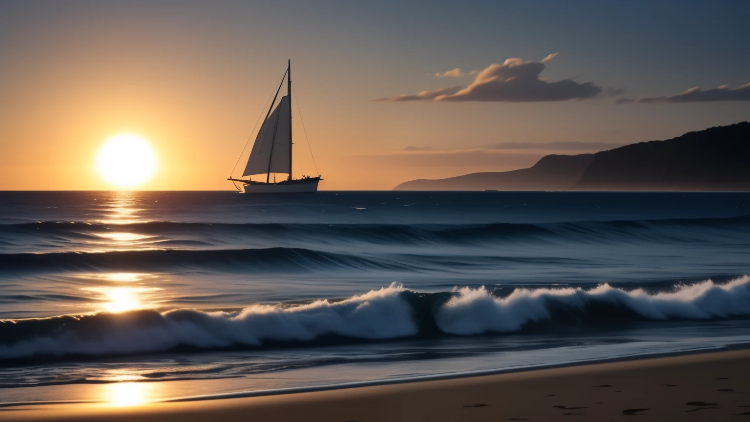 Blue Coast: A breathtaking seascape painting with the highest details and masterpiece quality. The coastline is adorned with vibrant azure waters that gently lap against the shoreline, creating a serene and tranquil atmosphere. The sun begins to set, casting a warm, golden glow over the scene, illuminating the waves and the intricately textured sand. In the distance, you can see the silhouettes of sailboats gliding effortlessly through the water, their sails catching the soft light of the setting sun. The background is filled with the depth of fields, showcasing the lush vegetation and the rolling hills that rise up from the coast.