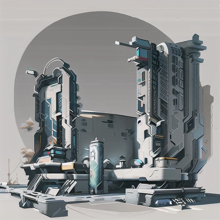 Science Fiction，future，光环游戏里的architecture，architecture物上有复杂的机械结构，Industrial feel，(masterpiece:1.2), best quality, masterpiece, high resolution, The original, Extremely detailed wallpaper, Perfect lighting, CG,realism,painting,Unreal Engine,concept art,grey_background,landscape, architecture, novel, _novel,Mecha,