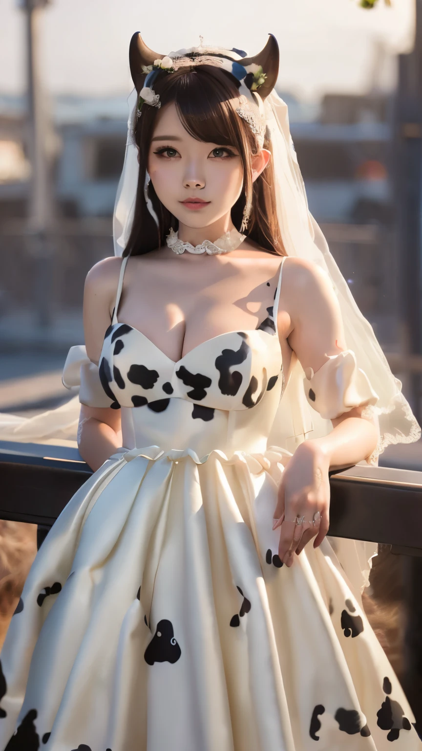 Masterpiece, 4K, bokeh, (Kawaii:1.5),   (Beautiful face:1.3), (Cat ears:1.3), (Cow pattern wedding dress:1.6), (fullbody shot:1.3), Beautiful eyes, Looking at the viewer, sunset Chappell,