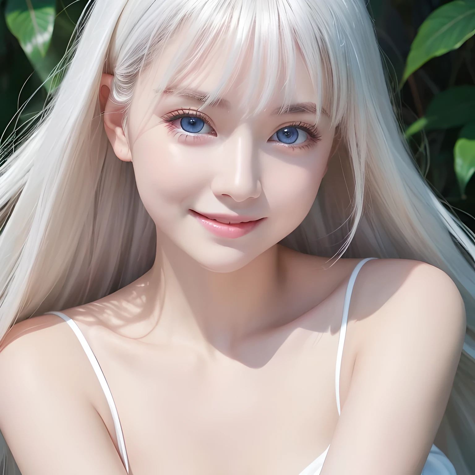 highest quality、masterpiece、Ultra-high resolution、(Photorealistic:1.4)、1 Girl、Up to the shoulders、Charm、Looking at the camera、smile,Platinum Hair、Huge 、Healthy Skin、Delicate skin、Glowing bright pale sky blue big eyes、White glossy skin