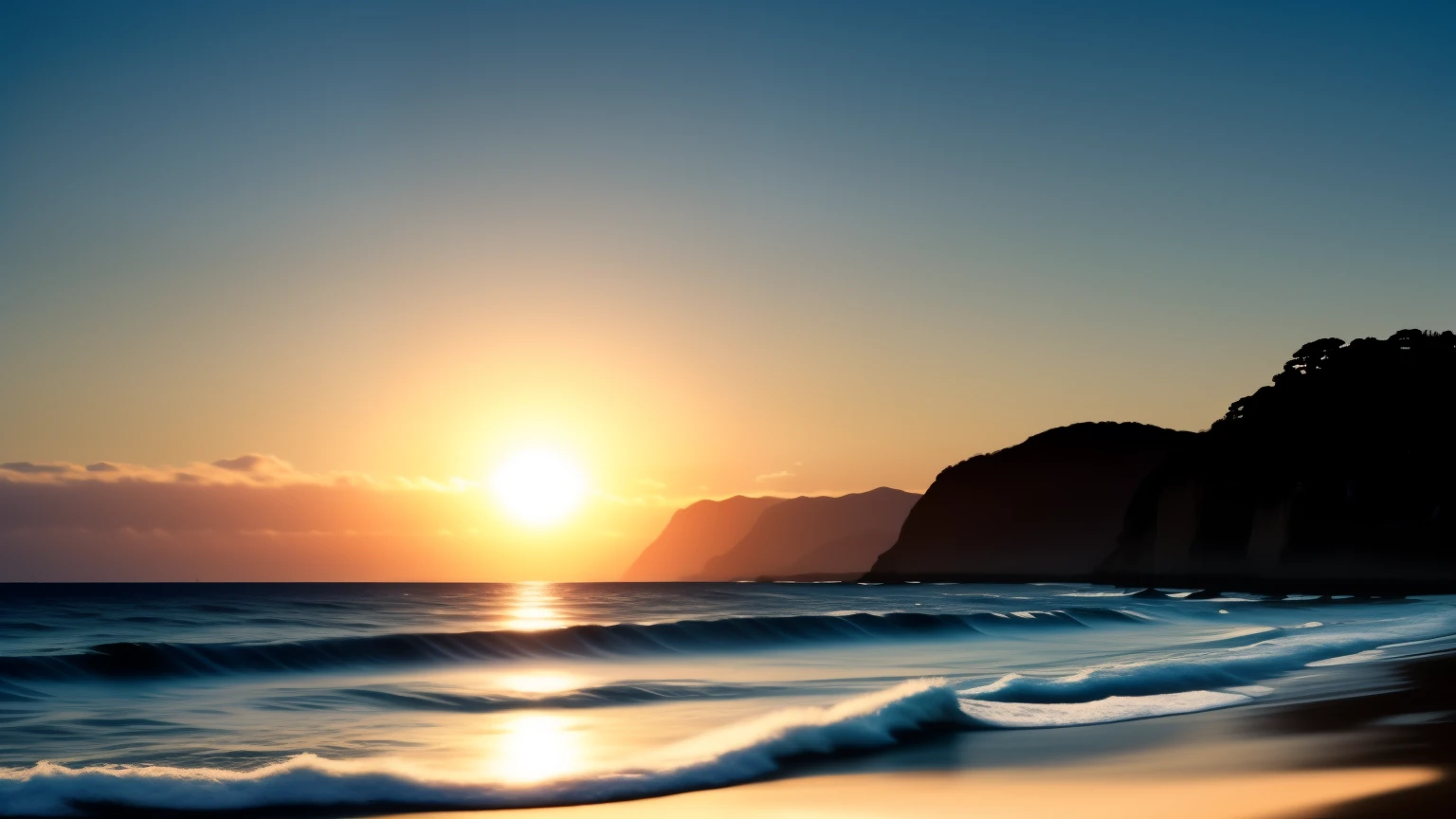 Blue Coast: A breathtaking seascape painting with the highest details and masterpiece quality. The coastline is adorned with vibrant azure waters that gently lap against the shoreline, creating a serene and tranquil atmosphere. The sun begins to set, casting a warm, golden glow over the scene, illuminating the waves and the intricately textured sand. In the distance, you can see the silhouettes of sailboats gliding effortlessly through the water, their sails catching the soft light of the setting sun. The background is filled with the depth of fields, showcasing the lush vegetation and the rolling hills that rise up from the coast.