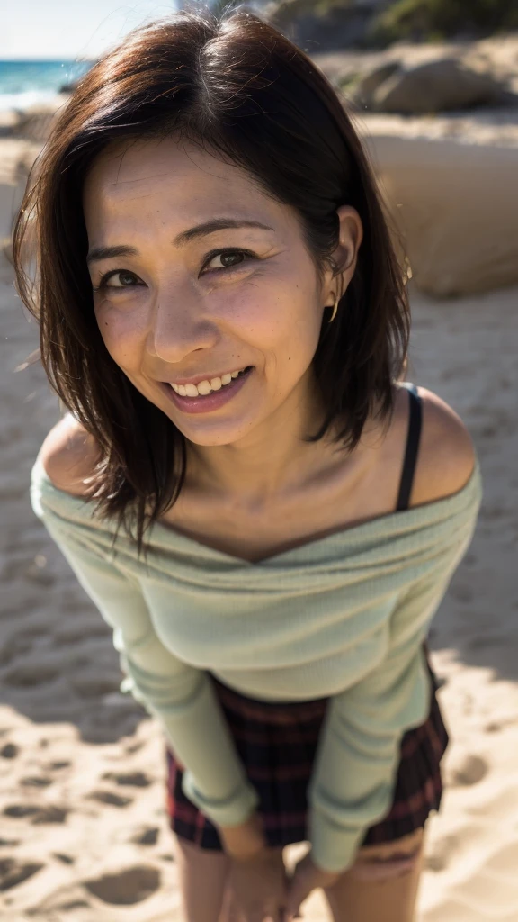 NSFW,  ((highest quality)), ((8K)), ((masterpiece:1.3)), (perfect look), (photorealism:1.6), (sandy beach: 1.6), (Woman walking on the sandy beach), (The calm sea that spreads out in front of you), (sunset on the ocean: 1.2), japanese woman, 47 years old, ((Realistic skin texture)), (Fine wrinkles throughout the skin: 1.3), (Dull skin: 1.1), (Skin without moisture: 1.2) , (Wrinkles on the face: 0.9), (Wrinkles on the corners of the eyes: 1.2), Double eyelids, tear bags on the lower eyelids, (Crying moles: 0.9), The eyes are looking here, serious gaze, (Dimples: 1.2), smile with the corners of the mouth raised, long hair, (long wavy hair), (hair falls over ears), soft fabric off shoulder blouse, wide sleeves, Cuffs that fit your wrist, (The hem of the blouse is tucked into the skirt: 1.2), flare skirt, barefoot, hair fluttering in the wind, small breasts, (whole body: 1.4),