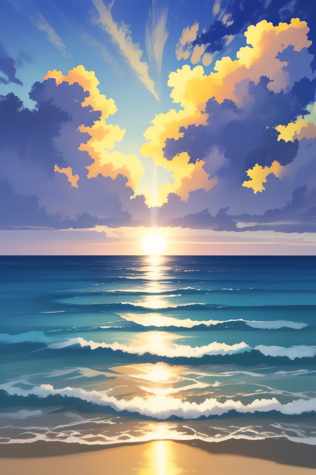 Blue Coast: A breathtaking seascape painting with the highest details and masterpiece quality. The coastline is adorned with vibrant azure waters that gently lap against the shoreline, creating a serene and tranquil atmosphere. The sun begins to set, casting a warm, golden glow over the scene, illuminating the waves and the intricately textured sand. In the distance, you can see the silhouettes of sailboats gliding effortlessly through the water, their sails catching the soft light of the setting sun. The background is filled with the depth of fields, showcasing the lush vegetation and the rolling hills that rise up from the coast.