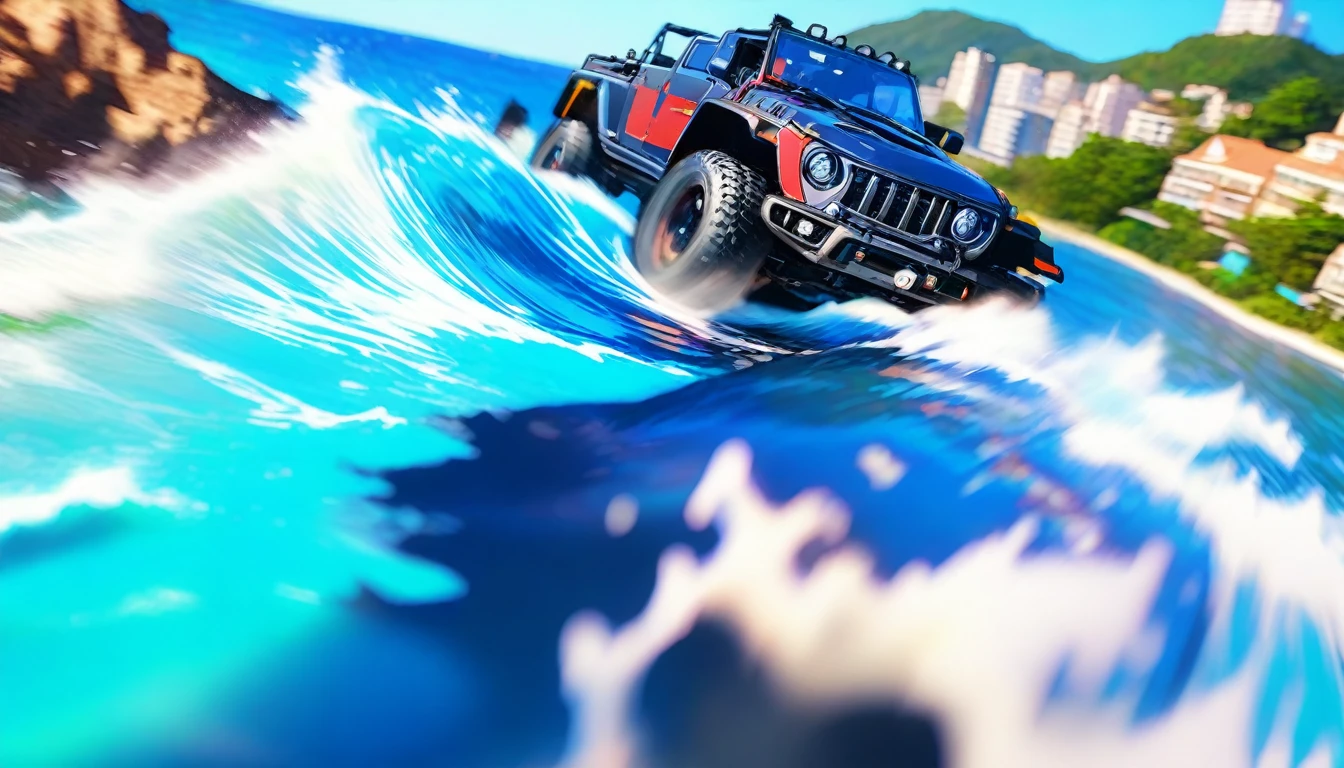 a photo of the very beautiful blue coast, blue coast with beautiful ocean spray,golden hour,#quality(8k,wallpaper of extremely detailed CG unit, masterpiece,hight resolution,top-quality,top-quality real texture skin,hyper realisitic,increase the resolution,RAW photos,best qualtiy,highly detailed,the wallpaper), BREAK,the jeep is passing with very high speed at the seashore of blue coat,#jeep(4wd,offroad style),#blue coast(very clean ocean,wave,very beautiful ocean,beautiful city:1.4,),dynamic angle,motion blur