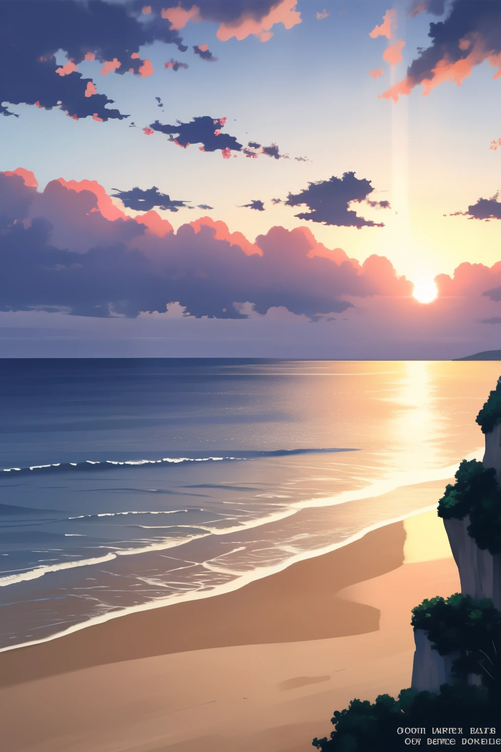 Blue Coast: A breathtaking seascape painting with the highest details and masterpiece quality. The coastline is adorned with vibrant azure waters that gently lap against the shoreline, creating a serene and tranquil atmosphere. The sun begins to set, casting a warm, golden glow over the scene, illuminating the waves and the intricately textured sand. In the distance, you can see the silhouettes of sailboats gliding effortlessly through the water, their sails catching the soft light of the setting sun. The background is filled with the depth of fields, showcasing the lush vegetation and the rolling hills that rise up from the coast.