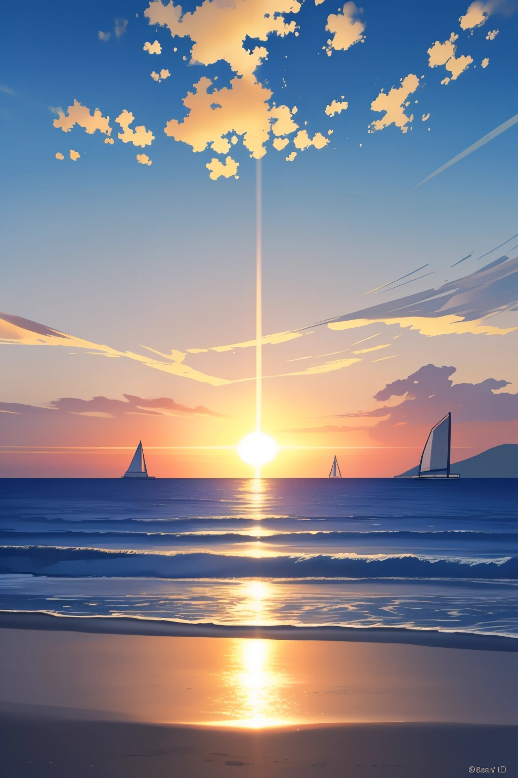 Blue Coast: A breathtaking seascape painting with the highest details and masterpiece quality. The coastline is adorned with vibrant azure waters that gently lap against the shoreline, creating a serene and tranquil atmosphere. The sun begins to set, casting a warm, golden glow over the scene, illuminating the waves and the intricately textured sand. In the distance, you can see the silhouettes of sailboats gliding effortlessly through the water, their sails catching the soft light of the setting sun. The background is filled with the depth of fields, showcasing the lush vegetation and the rolling hills that rise up from the coast.