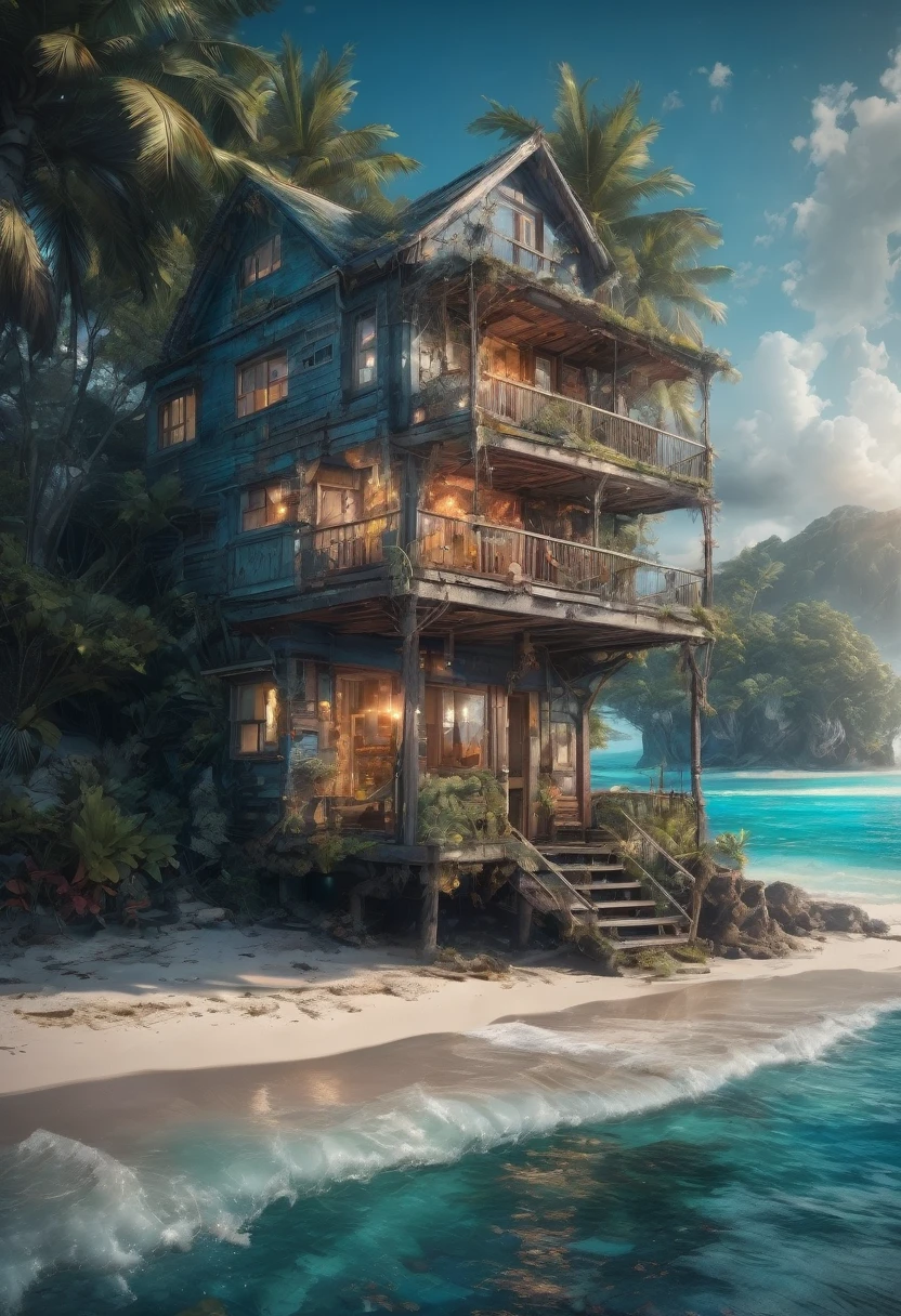 Blue Coast, "Stunning photo realistic  image of a small cozy beach house on a small uncharted paradise island surrounded by clear water with colorful coral reefs under the water!" by Awwchang and James_Christensen and CGSociety and Carne_Griffiths, ultradetailed, intricate, maximalist, ultra_quality, 8k , beautiful_composition, sunset , pale muted colors