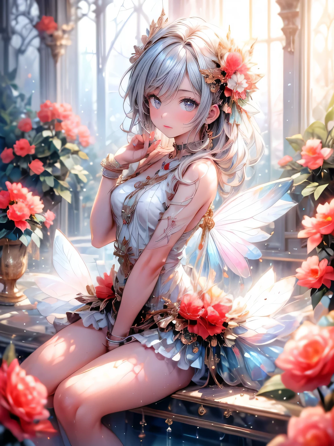 masterpiece: 1.2, highres,32k, photorealistic: 1.37, ultra-detailed: 1.2,cute girl(flower fairy), crimson transparent swim ware, beautiful delicate(hair,face,eyes,lips,thigh,swim ware),delicate pupils,sparkling eyes,brilliant rosy lips,classic garden, colorful flowers, shower of light, vibrant colors illustration