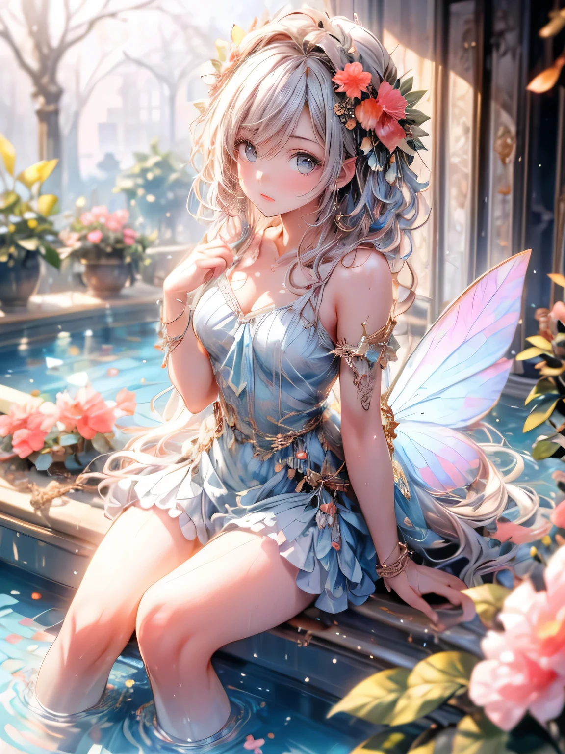 masterpiece: 1.2, highres,32k, photorealistic: 1.37, ultra-detailed: 1.2,cute girl(flower fairy), crimson transparent swim ware, beautiful delicate(hair,face,eyes,lips,thigh,swim ware),delicate pupils,sparkling eyes,brilliant rosy lips,classic garden, colorful flowers, shower of light, vibrant colors illustration