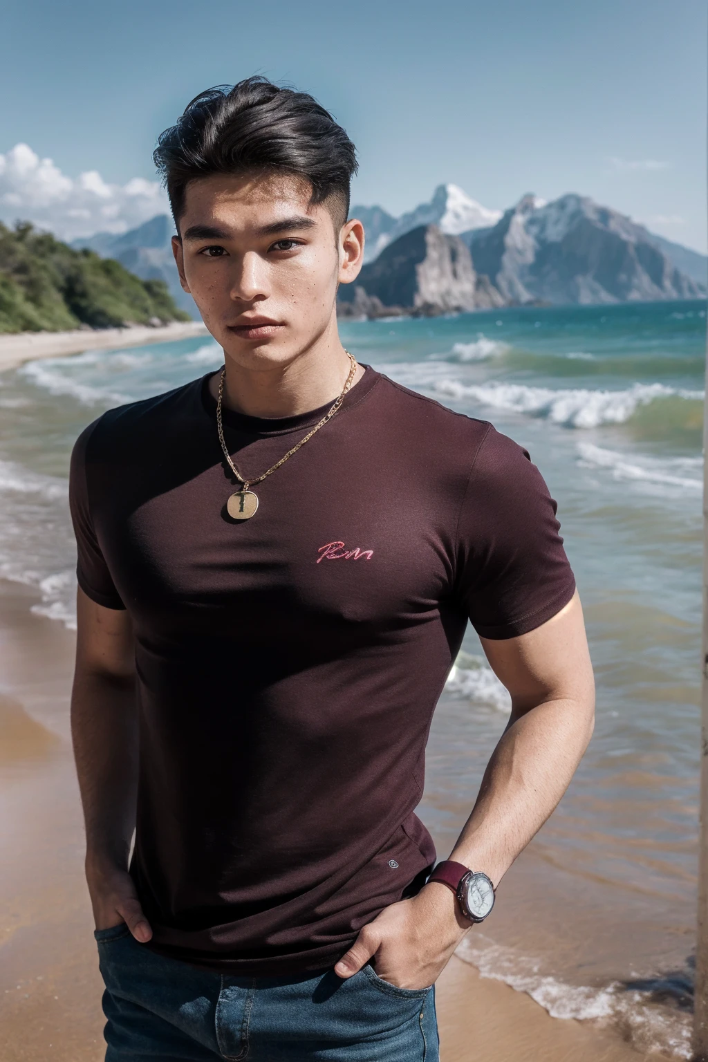 (masterpiece,best quality,photorealistic, DSLR,F/1.2) (man 22 years old on the beach ) (full-length body)(masculine strength) (perfect angle)(perfect face) (mountains in the background ) (man has brown hair, oval face stretched upwards, hairstyle - undercut, hair length - 8 cm) (color Porta 160, iPhone 15 pro photo) (unprocessed photo) (man is wearing maroon T-shirt, ,bronze chain around his neck, expensive watch on his arm.) (natural light)