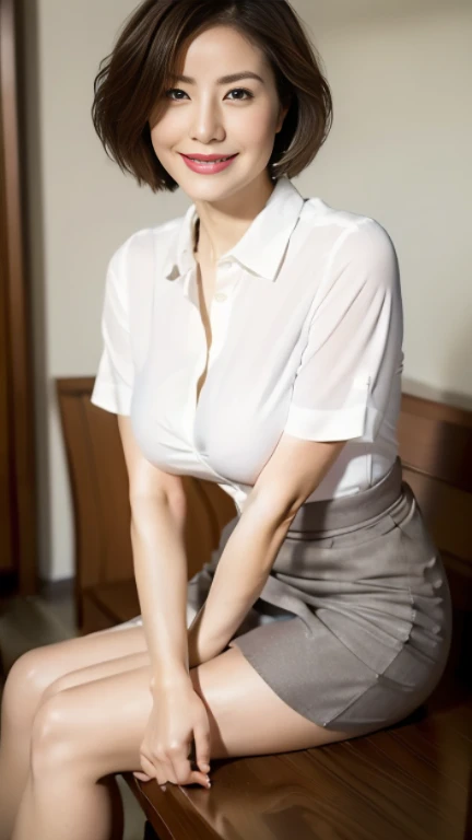 (highest quality,8k,masterpiece),
日本人Mature Woman,40 years,Mature Woman,Pure white skin,
Drawn big breasts,　White collared blouse、Grey tight skirt、Short Bob、
Sit with your legs apart,A kind smile、A captivating gaze、In-house offices、
