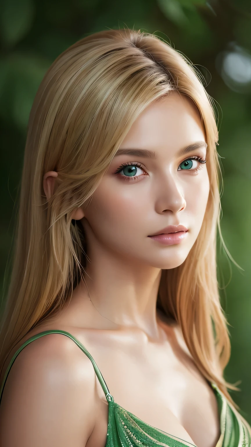 Mastepiece, Best Quality, Photorealistic, Super detailed, Fine details, High resolution, 8k wallpaper, RAW color photos, Professional, High level of detail, pretty blonde woman. Sharp Focus, Award-winning photography, (Emerald green dress), (Cleavage), (Facing forward), (View your viewers), Small light, Low Contrast, Facial symmetry, Depth of written boundary, Movie Background, Center image, Softly lit, (Fine skin), Light skin, Realistic skin textures, Extreme Skin Detail