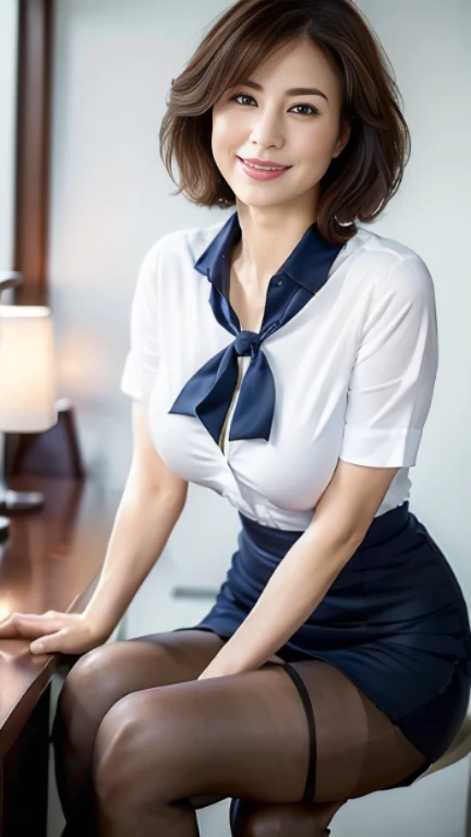 (highest quality,8k,masterpiece),
日本人Mature Woman,40 years,Mature Woman,Pure white skin,
Drawn big breasts, White collared blouse、Navy blue tight skirt、Medium Hair、
Sit with your legs apart,A kind smile、A captivating gaze、Office at work、