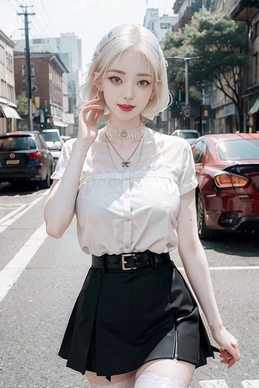 8k RAW photo, High resolution, 37 year old slim Korean, Big round breasts, Formal Shirt, Formal Skirt, Very thin mouth, Duck mouth, Grin,, Beautiful eyes in every detail, Long-term, Three white eyes, cheek, Long eyelashes, Beautiful double eyelids, eye shadow, Beautiful slim legs, stockings, necklace, Earrings, short hair, In front of the station at night,(((Pale Face:1.5)))