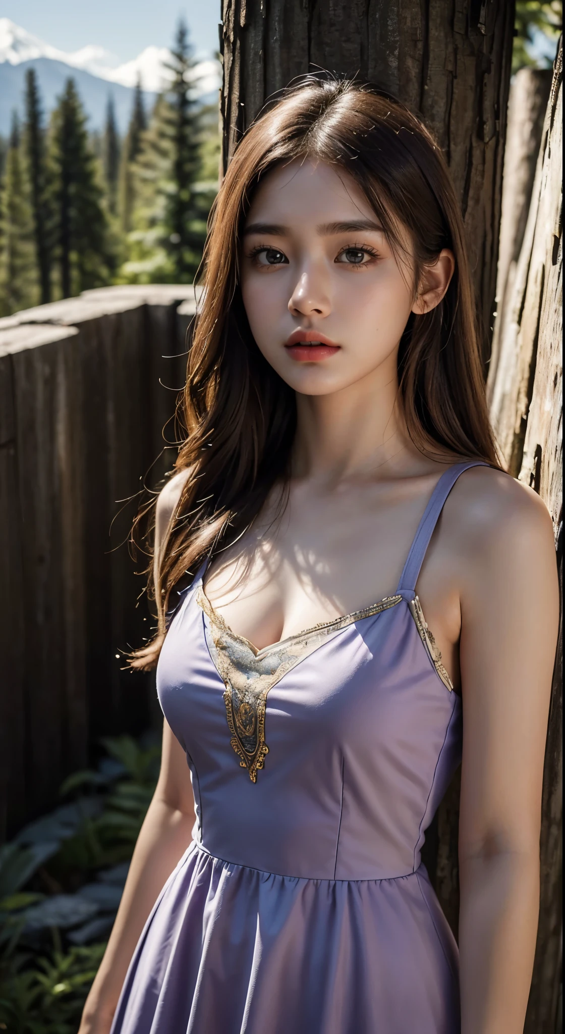 8k, highest quality, ultra detailed:1.37), Eliana, ((18 years)), a beautiful Asian girl, ((proudly stands in a military uniform)), representing her role as a soldier, ((She wears a fitted Purple dress)), The high-resolution image captures ultra-detailed realism, highlighting Eliana's determined expression, piercing eyes, and confident stance. The backdrop showcases an forest, adding to the authenticity and significance of the image. This visually striking representation showcases Eliana's strength and dedication as a soldier, cute knees, ((Lake)), ((Pine trees)), ((Detailed face)), ((Perfect body figure)), ((Detailed hair)), ((Detailed Dress)),
